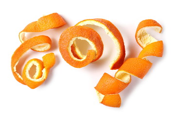 Swirly dried orange peel isolated on white background, top view
