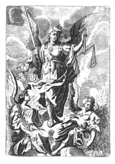 Antique vintage religious allegorical engraving or drawing of archangel Gabriel with scale and sword and other angels on clouds of heaven.Illustration from Book Die Betrubte Und noch Ihrem Beliebten