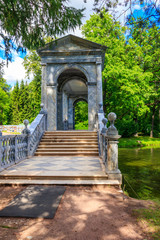 Marble bridge or Siberian Marble Gallery is a decorative pedestrian roofed Palladian bridge (gallery walkway) in Catherine Park in Pushkin (Tsarskoye Selo), Russia