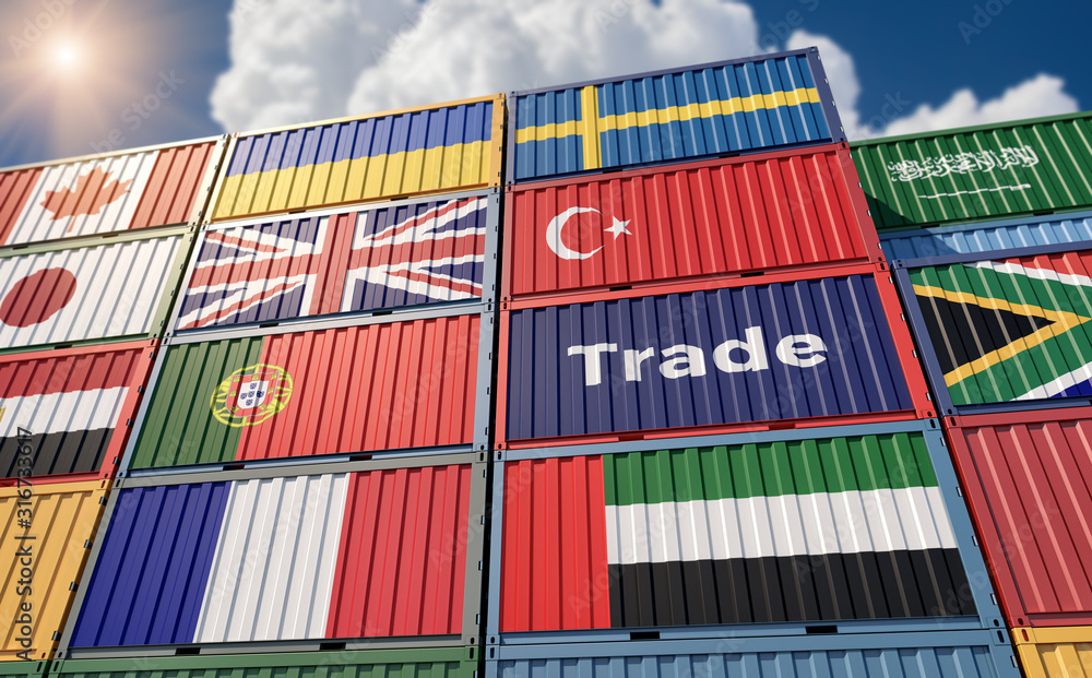 Wall mural container terminal - freight container with different national flag designs. 3d rendering