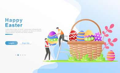 Vector illustration happy easter. a friend works together happy to lift up ornamental eggs to put in a basket. concept of an Easter egg gift. for header, apps, banner, landing page. Flat cartoon style