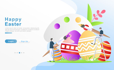 Vector illustration happy easter. 2 men holding brushes working together coloring and decorating easter eggs with pleasure. concept big palette color, plant. for header, web, page. Flat cartoon style
