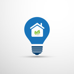 Blue Eco Energy Concept or Icon Design - Smart Home, House and Leaves Inside a Light Bulb