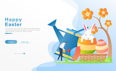 Vector illustration happy easter. a man watered the garden and held tulips flower, with rabbits in ornamental egg shells. concept flower blossom. for header, web, banner. apps, UI. Flat cartoon style