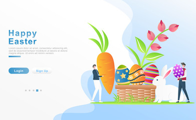 Vector illustration happy easter. 2 people with happy bring carrots and Easter ornamental eggs, decorative eggs concept in a basket, rabbits, flowers. for header, web, banner. apps. Flat cartoon style