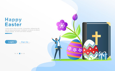 Vector illustration happy easter. women are happy to welcome Easter, the concept of 2 painted eggs, the gospel, gifts and flowers that bloom and blossom. for header, web, apps, UI. Flat cartoon style