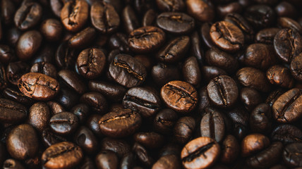 Coffee beans background texture,above view.                                   