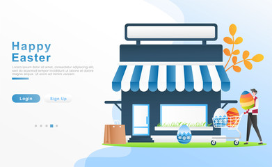 Vector illustration happy easter. a man buys a painted egg by carrying and putting it on a basket, the concept of a shop, grass, flowers, bags. for header, web, apps, UI, UX, frame. Flat cartoon style