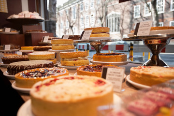 Fresh pastries displayed in bakery store