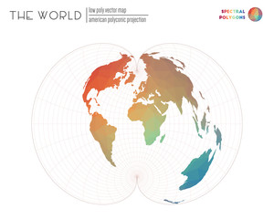 Polygonal world map. American polyconic projection of the world. Spectral colored polygons. Elegant vector illustration.