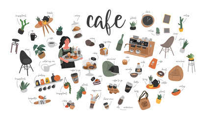 Cafe hand drawn collection . Cartoon coffee shop infographic set. Small business, houseplant and interior decoration, logo lettering and quote, barista, waiter character. Vector - obrazy, fototapety, plakaty