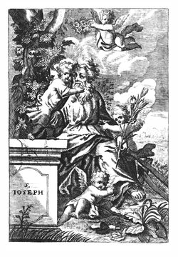 Antique vintage religious allegorical engraving or drawing of Christian holy man saint Joseph, father of Jesus, with cherubs or angels.Illustration from Book Die Betrubte Und noch Ihrem Beliebten