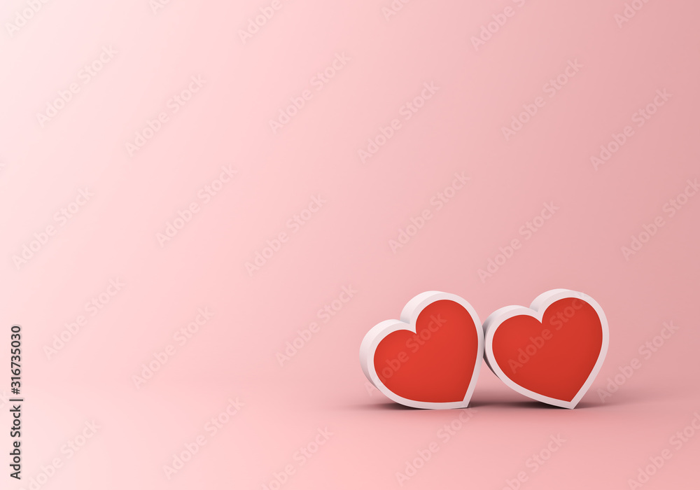 Poster Two Hearts for Valentine's day concept on pink pastel color background with shadow 3D rendering