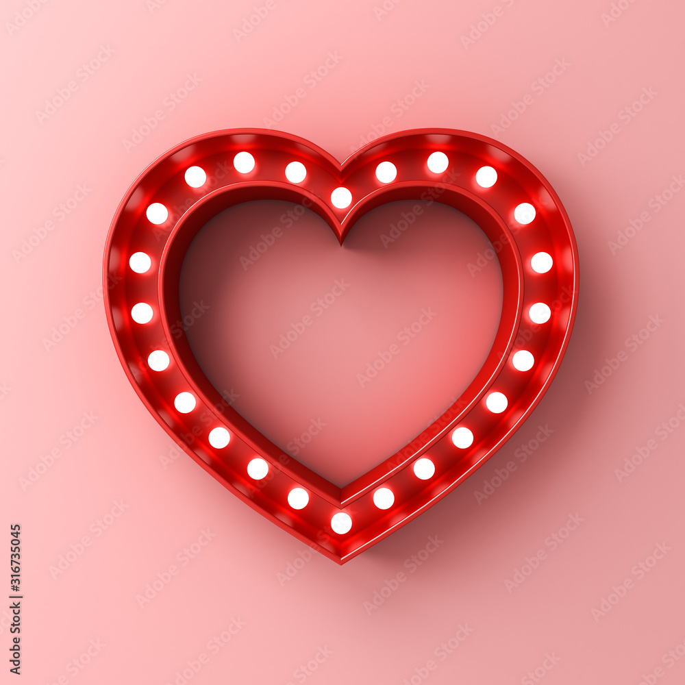 Leinwandbilder neon light heart sign banner with blank space on pink pastel color wall background with shadow desig