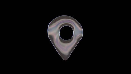 3D rendering of distorted transparent soap bubble in shape of symbol of map marker isolated on black background