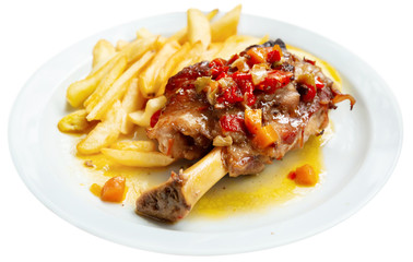 Delicious baked with vegetables pork  with french fries