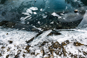 broken peaces of ice at the shore of lake Oeschinensee near Kandersteg in winter