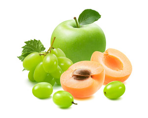 Fresh green apple, grapes and apricots isolated on white background.