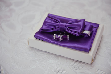 Groom's wedding accessories. Bow tie, suit, cufflinks, belt and shoes.