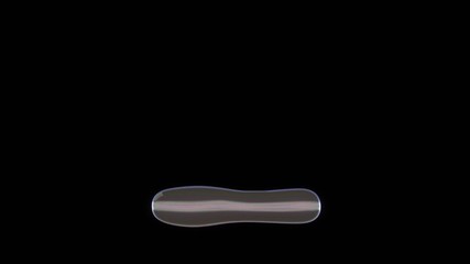 3D rendering of distorted transparent soap bubble in shape of symbol of minus isolated on black background