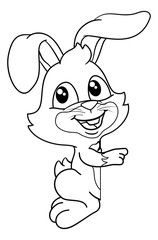 The Easter Bunny Rabbit peeking around a sign background and pointing at it. In black and white outline.