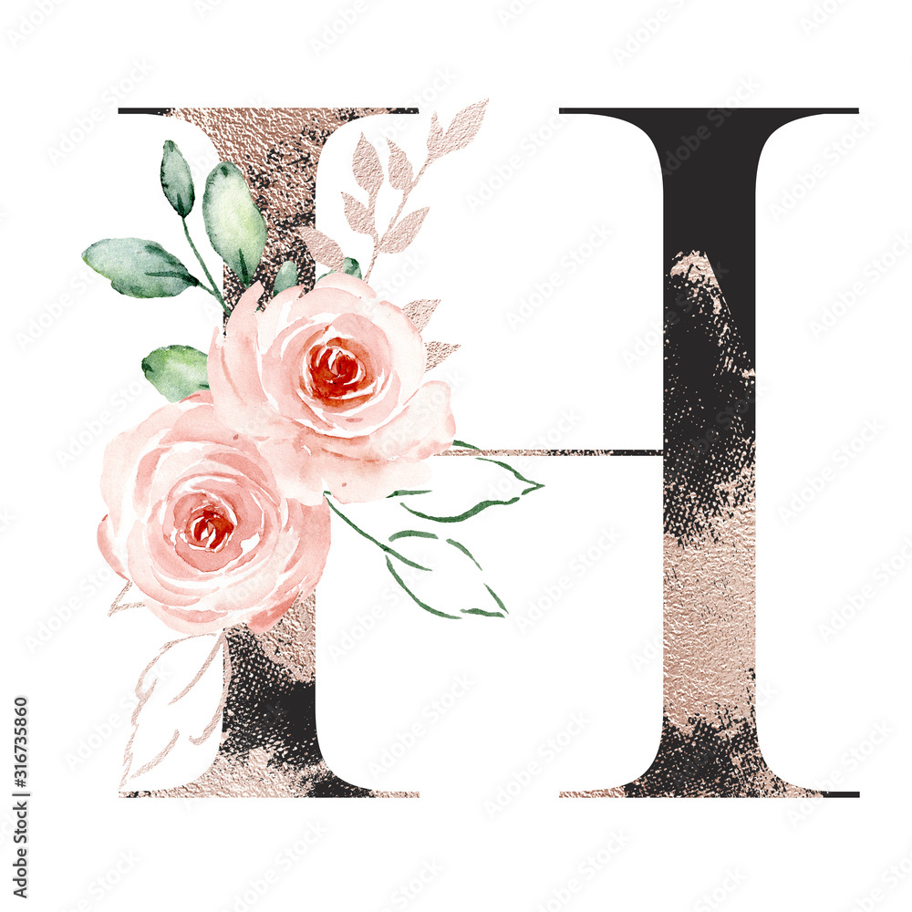 Wall mural Letter h, gold & black alphabet letterhead with watercolor flowers roses and leaf. Floral monogram initials perfectly for wedding invitation, greeting card, logo, poster. Holiday design hand painting.