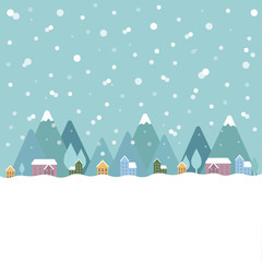  Winter landscape. Houses in the snow. Vector