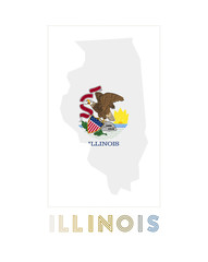 Illinois Logo. Map of Illinois with US state name and flag. Cool vector illustration.