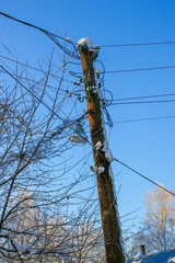 Electric pole with wires, blue sky. Tree branches in the snow, a lantern on a post.