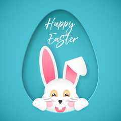 Happy Easter. Congratulatory poster. The Easter bunny looks out of the hole in the shape of an egg.