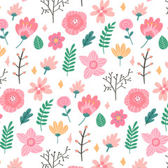 Vector floral pattern in doodle style with flowers and leaves. Gentle, spring floral background.