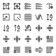 Editing text icon set include setting,scale,task,grid,fine,box,kerning,adjust,alphabet,sort,tracking,type,format,layout,image,form,input,form builder,drop down