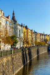 Fototapeta premium Vltava river embankment on a sunny autumn day. Prague. Czech Republic