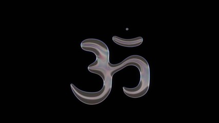 3D rendering of distorted transparent soap bubble in shape of symbol of om isolated on black background