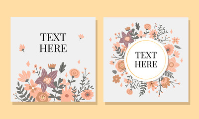 Marriage invitation card with custom sign and flower frame over wooden background. Vector illustration.