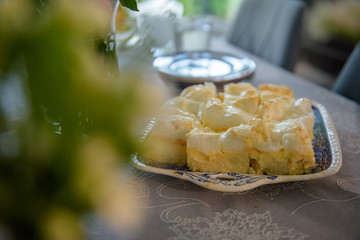 Delicious sweets on candy buffet. Wedding bakes on trays