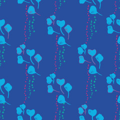Vector seamless pattern ginko wax with blue ginkgo leaves and pink dots, turquoise background