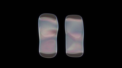 3D rendering of distorted transparent soap bubble in shape of symbol of pause isolated on black background