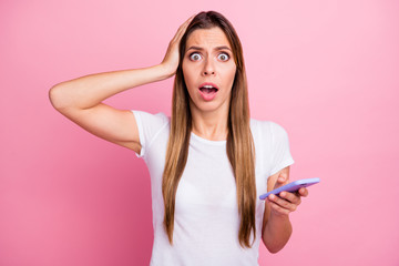 Photo of beautiful lady holding telephone hand on head read awful news not believe eyes open mouth...