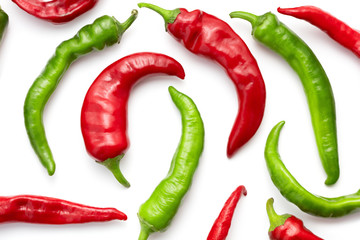 red and green chili peppers isolated on white background