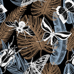 Exotic blue jungle seamless pattern with tropical insects. Trendy paradise beach backdrop.