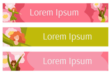 Happy girls with flowers. Set of vector illusttation. 8 march, International Women's Day. Templates for banners