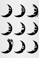 Obraz na płótnie Canvas Set of nine cartoon moons with eyes and mouth. Set of moons with a face.