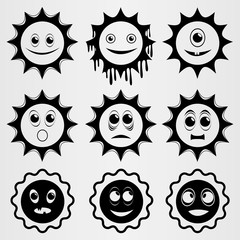 Set of nine cartoon suns with different facial expressions.