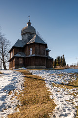 Wooden Orthodox Church in Hoszowczyk. Carpathian Mountains and Bieszczady Architecture in Winter