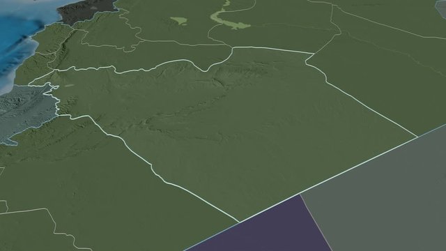 Hims, province with its capital, zoomed and extruded on the administrative map of Syria in the conformal Stereographic projection. Animation 3D