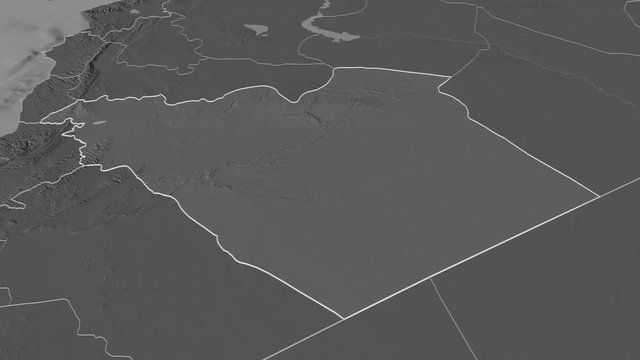 Hims, province with its capital, zoomed and extruded on the bilevel map of Syria in the conformal Stereographic projection. Animation 3D