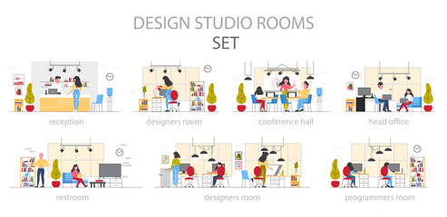 Design studio room interior set. Office workplace designer.