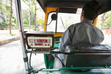 Back view of an auto rickshaw driver on the street, New Delhi, India