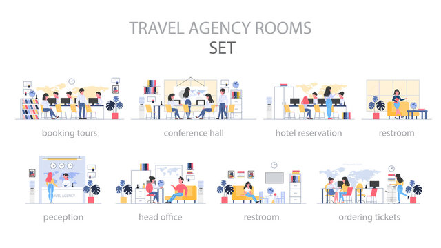 Travel agency room interior. People sitting at the desk